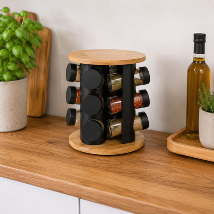 Rotating Spice Rack with 20 Glass Jars and Shaker Inserts, Bamboo, Black
