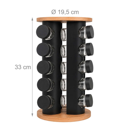 Rotating Spice Rack with 20 Glass Jars and Shaker Inserts, Bamboo, Black