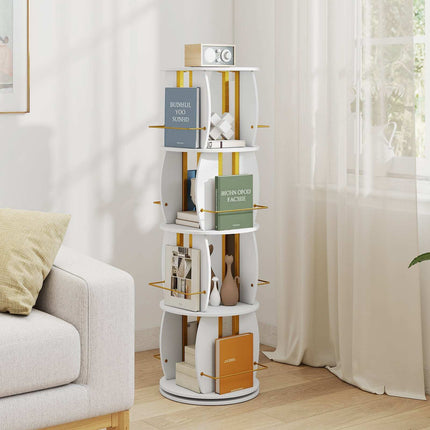 Rotating Wooden Bookshelf with Safety Bars, 40x40x128.5 cm, White