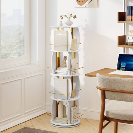 Rotating Wooden Bookshelf with Safety Bars, 40x40x128.5 cm, White