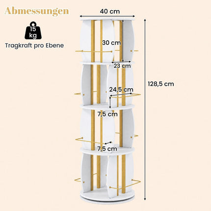 Rotating Wooden Bookshelf with Safety Bars, 40x40x128.5 cm, White