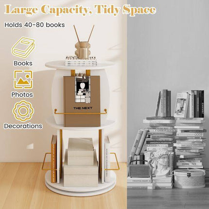Rotating Wooden Bookshelf with Safety Rail, 40x40x66 cm, White