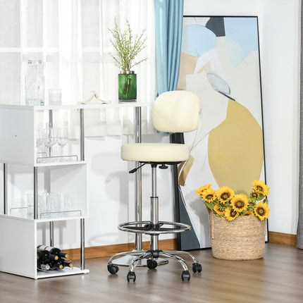 Adjustable beige PU stool with backrest - 56x57x104-127cm