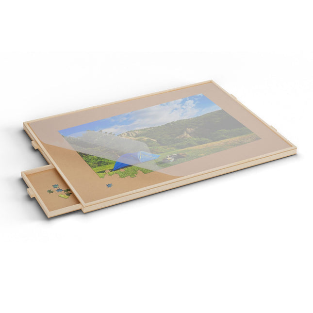Rotating puzzle board with 4 drawers