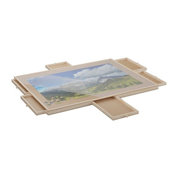 Rotating puzzle board with 6 drawers
