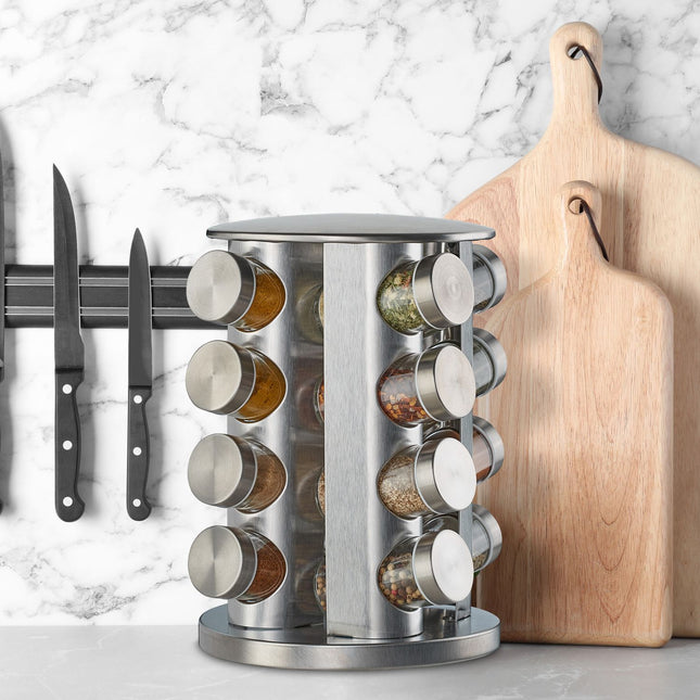 Rotating spice rack with 16 spice jars
