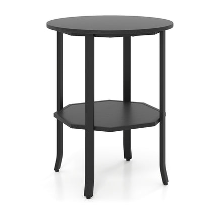 Round 2-Tier Side Table with Shelf, Black Metal