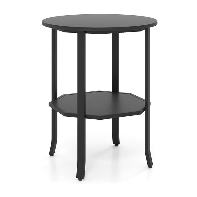 Round 2-Tier Side Table with Shelf, Black Metal