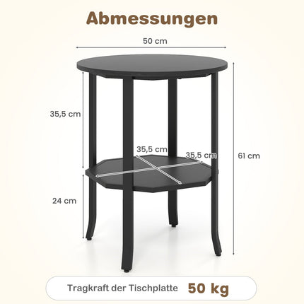 Round 2-Tier Side Table with Shelf, Black Metal