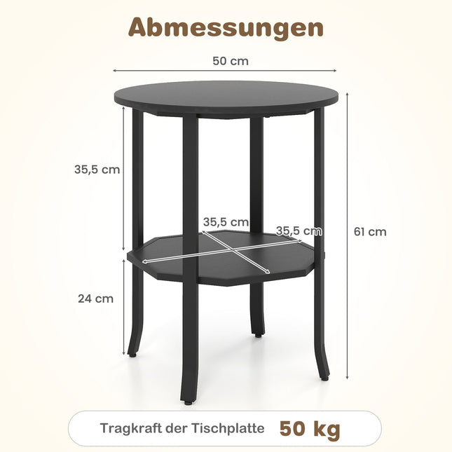 Round 2-Tier Side Table with Shelf, Black Metal