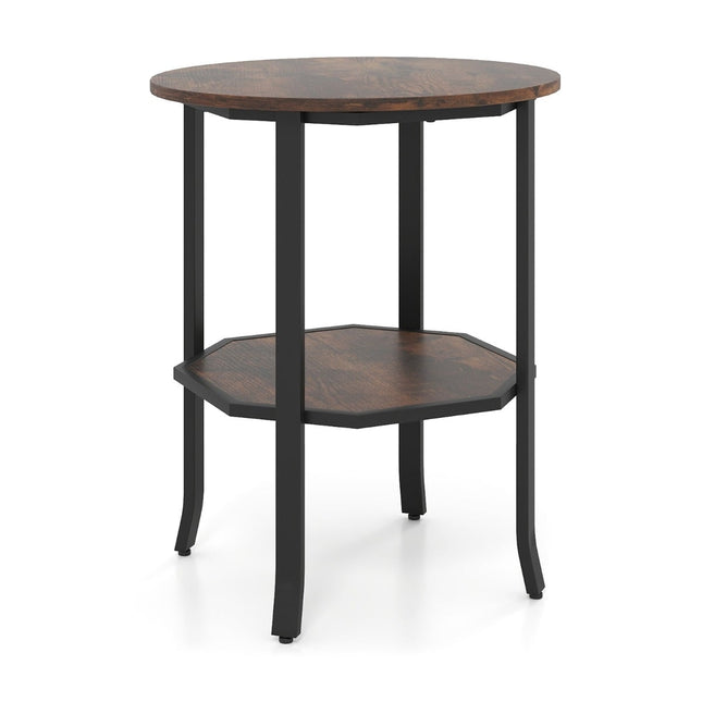 Round 2-Tier Side Table with Shelf, Rustic Brown