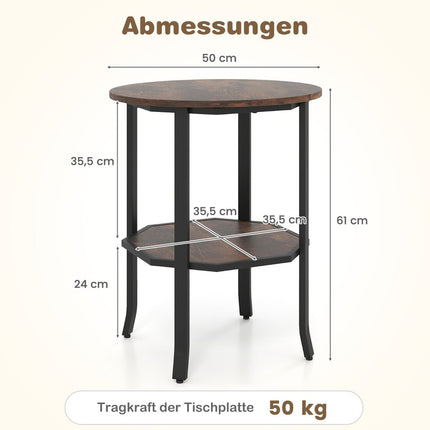 Round 2-Tier Side Table with Shelf, Rustic Brown