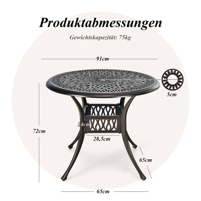 Round Aluminum Patio Table with Umbrella Hole, 90 cm
