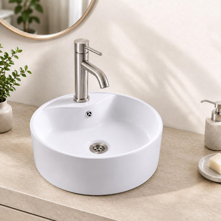 Round Ceramic Countertop Washbasin with Overflow, 41 cm