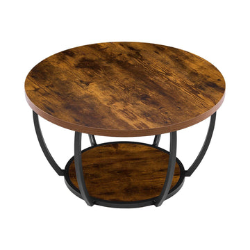 Round Coffee Table, 2-Tier Wood Top, Metal Frame, Brown