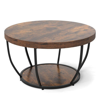 Round Coffee Table – 2-Tier Wood with Metal Frame