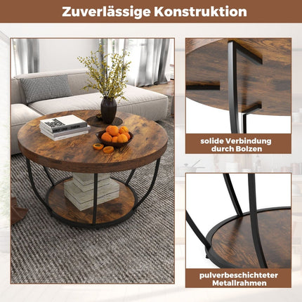 Round Coffee Table – 2-Tier Wood with Metal Frame