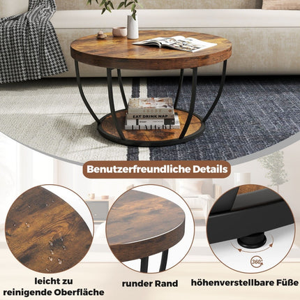 Round Coffee Table – 2-Tier Wood with Metal Frame