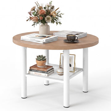 Round Coffee Table 2-Tier with Storage Shelf and Metal Frame, Natural & White