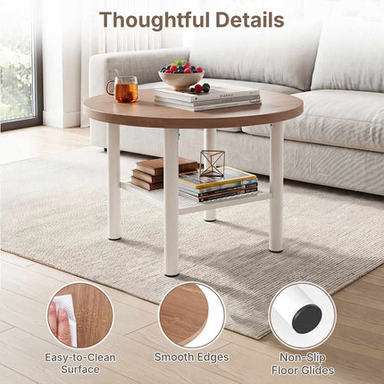 Round Coffee Table 2-Tier with Storage Shelf and Metal Frame, Natural & White