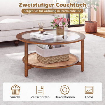 Round Coffee Table, Glass Top, Rattan Shelf, Walnut Finish