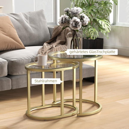 Round coffee table set of 2, stackable steel frame, gold