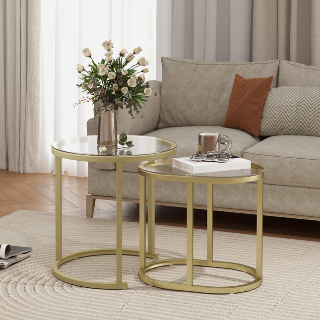 Round coffee table set of 2, stackable steel frame, gold