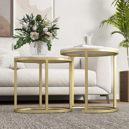 Round coffee table set of 2 with steel frame - White