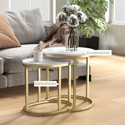 Round coffee table set of 2 with steel frame - White