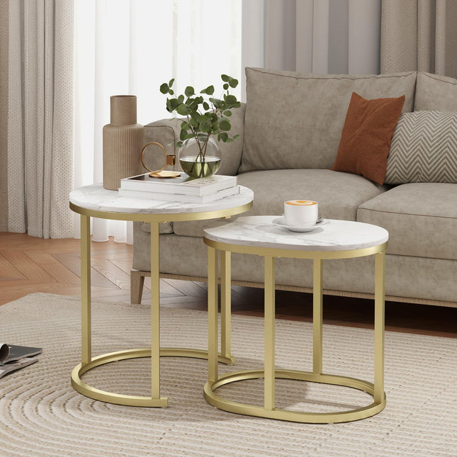Round coffee table set of 2 with steel frame - White