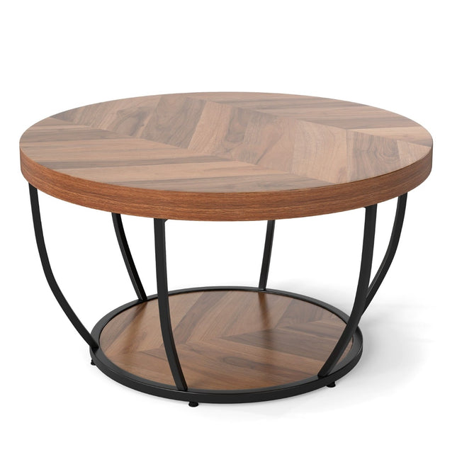 Round Coffee Table, Wood & Metal Frame, 2-Tier Design