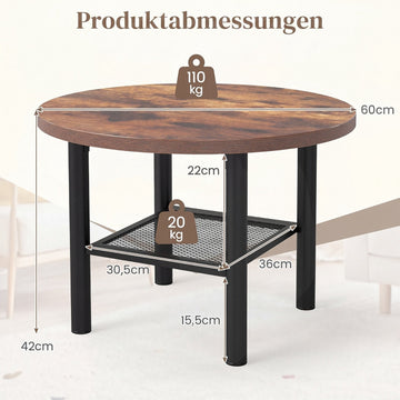 Round Coffee Table with 2-Tier Storage and Metal Frame