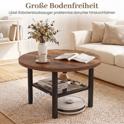 Round Coffee Table with 2-Tier Storage and Metal Frame