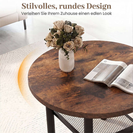 Round Coffee Table with 2-Tier Storage and Metal Frame