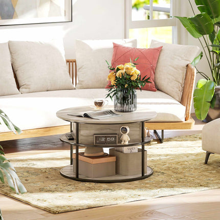 Round Coffee Table with Lift-Top, Storage, Oak Finish