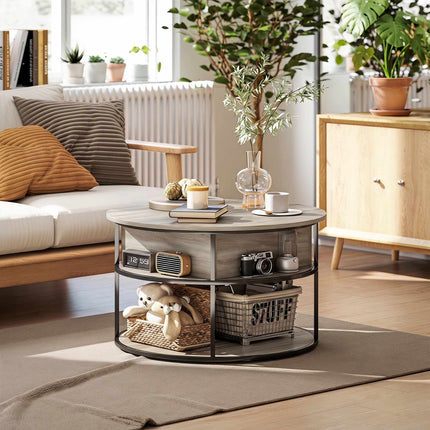 Round Coffee Table with Lift-Top, Storage, Oak Finish