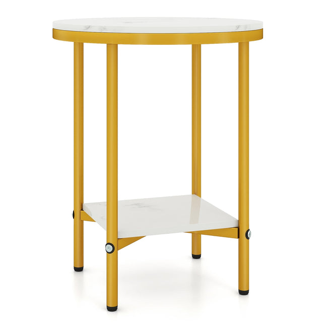 Round Coffee Table with Marble Look, 2-Tier, White/Gold