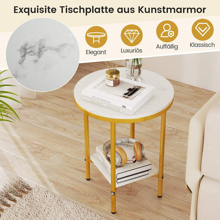 Round Coffee Table with Marble Look, 2-Tier, White/Gold