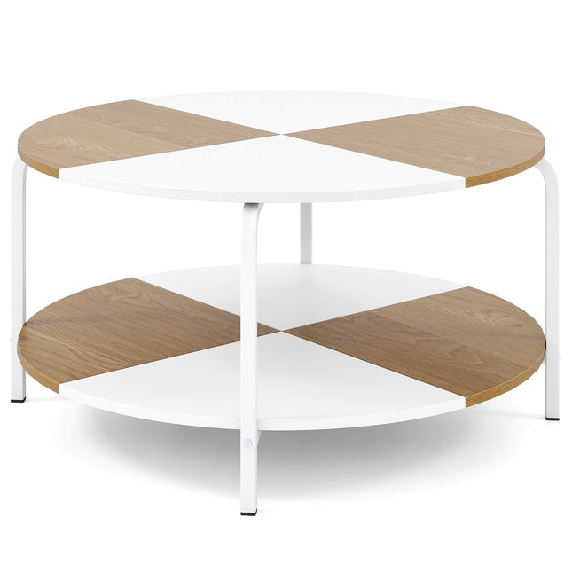 Round Coffee Table with Shelf, White & Natural Wood
