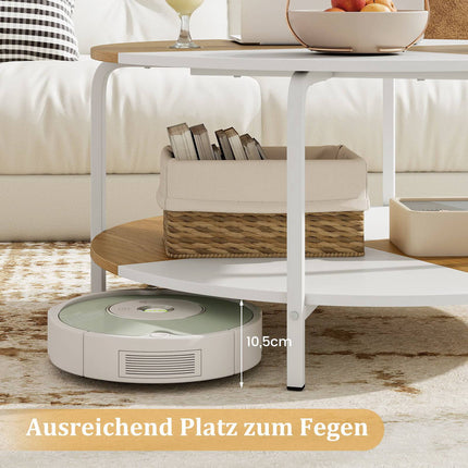 Round Coffee Table with Shelf, White & Natural Wood