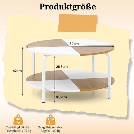Round Coffee Table with Shelf, White & Natural Wood