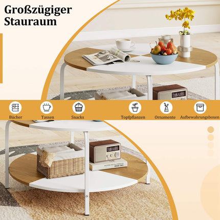 Round Coffee Table with Shelf, White & Natural Wood