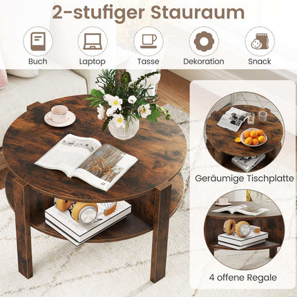 Round Coffee Table with Storage, Wood, 4 Shelves, Brown