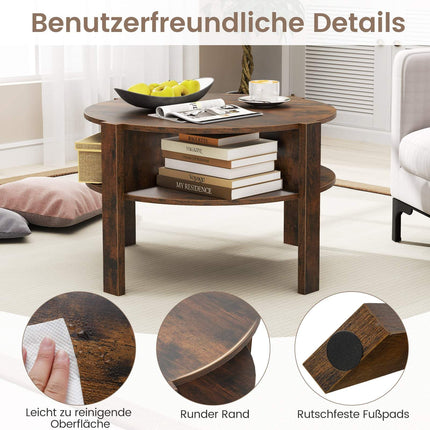 Round Coffee Table with Storage, Wood, 4 Shelves, Brown