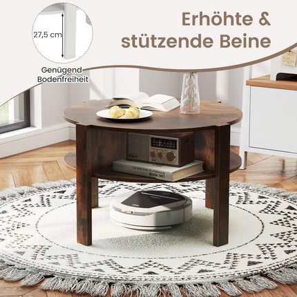 Round Coffee Table with Storage, Wood, 4 Shelves, Brown