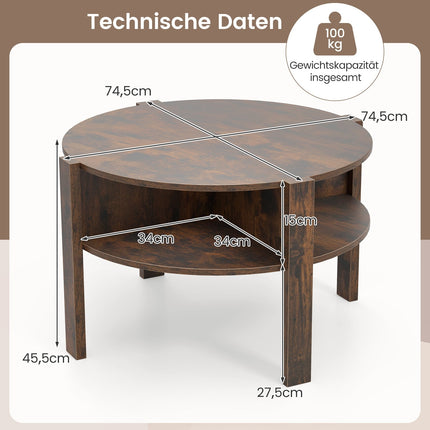 Round Coffee Table with Storage, Wood, 4 Shelves, Brown