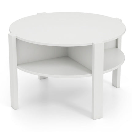 Round Coffee Table with Storage – Wood, 4 Shelves, White