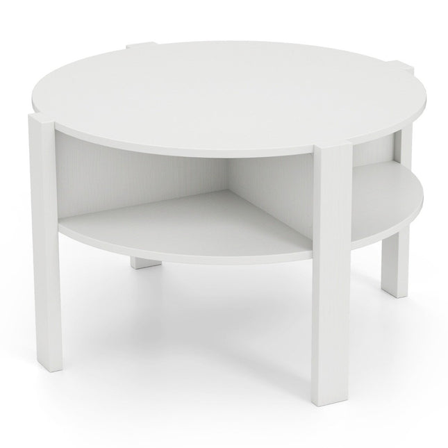 Round Coffee Table with Storage – Wood, 4 Shelves, White
