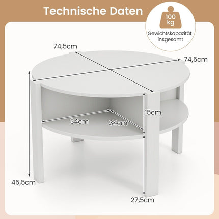 Round Coffee Table with Storage – Wood, 4 Shelves, White