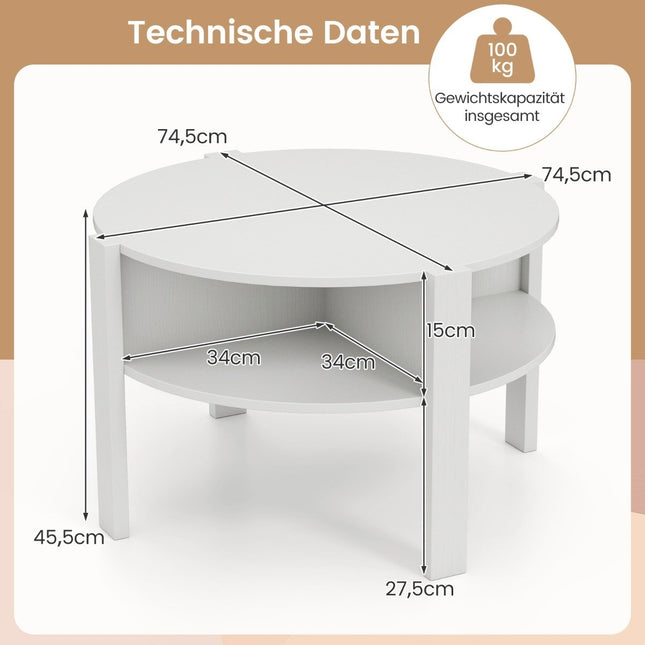 Round Coffee Table with Storage – Wood, 4 Shelves, White